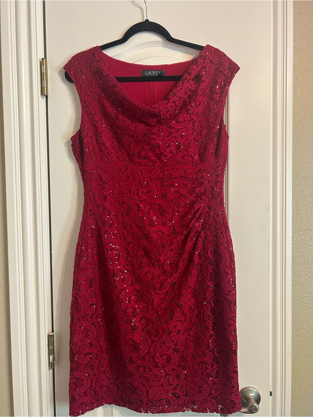 Ralph Lauren Red Lace Midi Dress with Sequin Detail